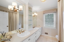 Full Bathroom with stone floors, crown moldings, double vanity and a shower-over-tub