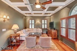 Amazing room! Plantation shutters, coffered ceiling and an entertainment bar.