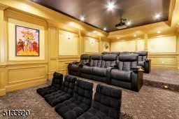 Located in the lower level/basement. Visually designed with custom wall and molding details to evoke a true theater experience.