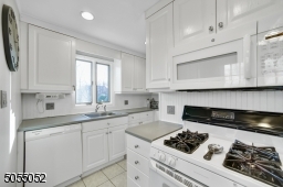 Chef's Eat-In Kitchen featuring white tile floors, crisp white cabinetry, white appliances, pantry, ceiling fan with light, track lighting, recessed lighting, and double window overlooking the rear yard