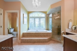 Double French door Entry, Schonbek Chandelier, Two Vanities, travertine Tops/ Rohl faucets, swarovski crystal handles, roman maax tub with jets and therapeutic air bubbles/honey onyx tile surround, rohl faucets
