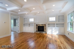 Coffered ceiling, custom built-ins and gas fireplace