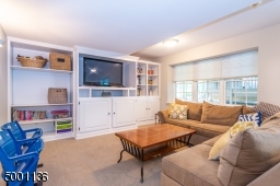 Freshly painted lower level walkout with built-ins for media/entertainment and tons of additional storage closets, a powder room, the utility room and a fitness room complete this floor