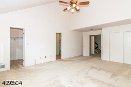 Large master bedroom with walk in closet and vaulted ceiling with skylight.