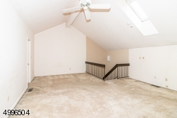 Third floor bedroom with walk-in closet and vaulted ceiling with skylight.