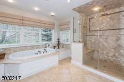 Enormous master bathroom with deep whirlpool bath, custom tiled shower with built in bench and rain shower head