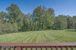 The yard is flat and surrounded by mature trees.