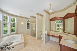 Master bathroom with soaking tub and shower stall overlooking back yard.