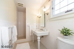 Large pedestal sink, lots of natural light and big stall shower