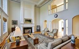 Fire place, open floor plan with Arched way
