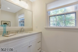 Walk-in Shower with beautifully appointed tiles, custom vanity and linen closet complete this first floor bath.