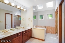 Jetted tub, large stall shower. Skylights