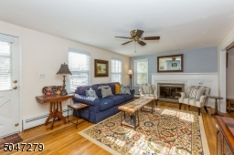 Sun filled living room with gas fireplace